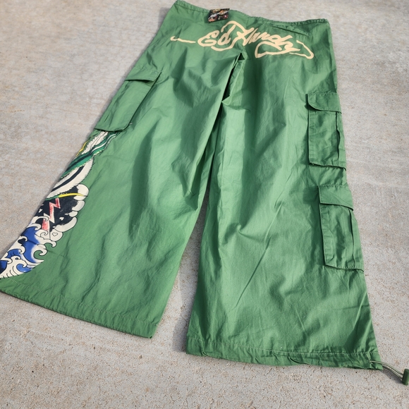 NWT Ed Hardy Cotton Peacock Poplin Wide Leg Army Green Cargo Pant Women's L - Picture 2 of 10